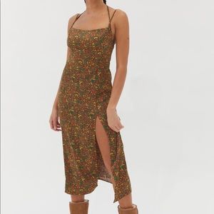 UO Sasha Satin Midi Slip Dress in Green Multicolor